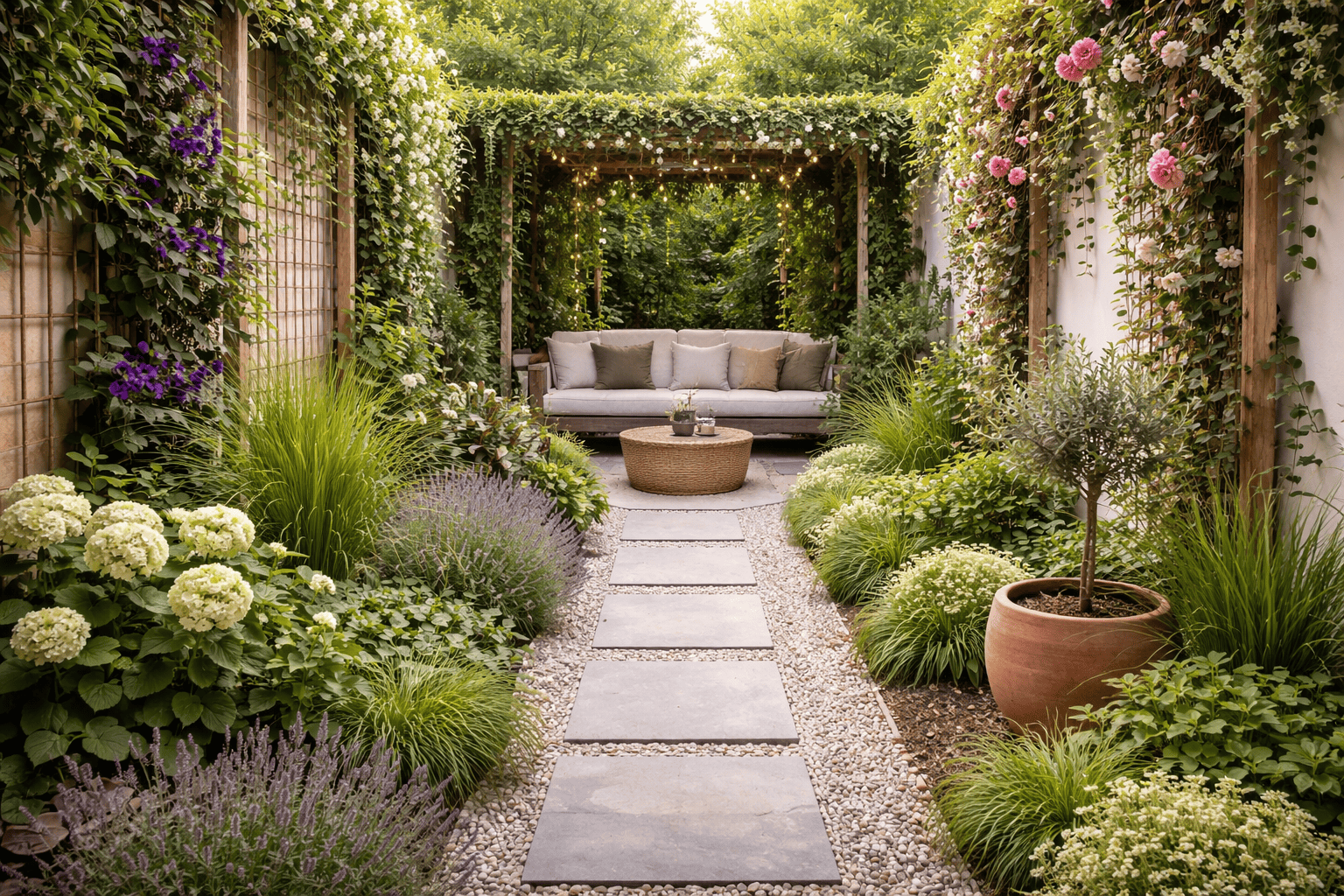 Een smalle tuin inrichten met klimplanten voor hoogte en sfeer