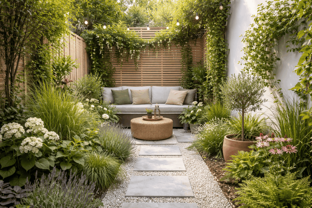 Kleine smalle tuin inrichten zonder dat het vol oogt