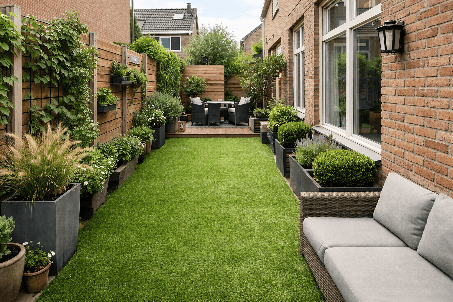 Kunstgras in een smalle tuin