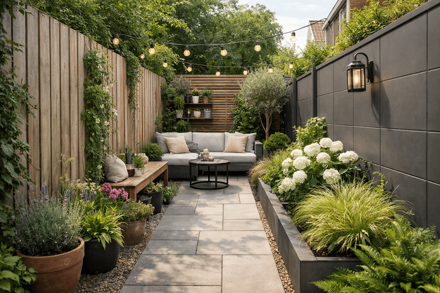 Een smalle tuin met schutting inrichten zonder opgesloten gevoel
