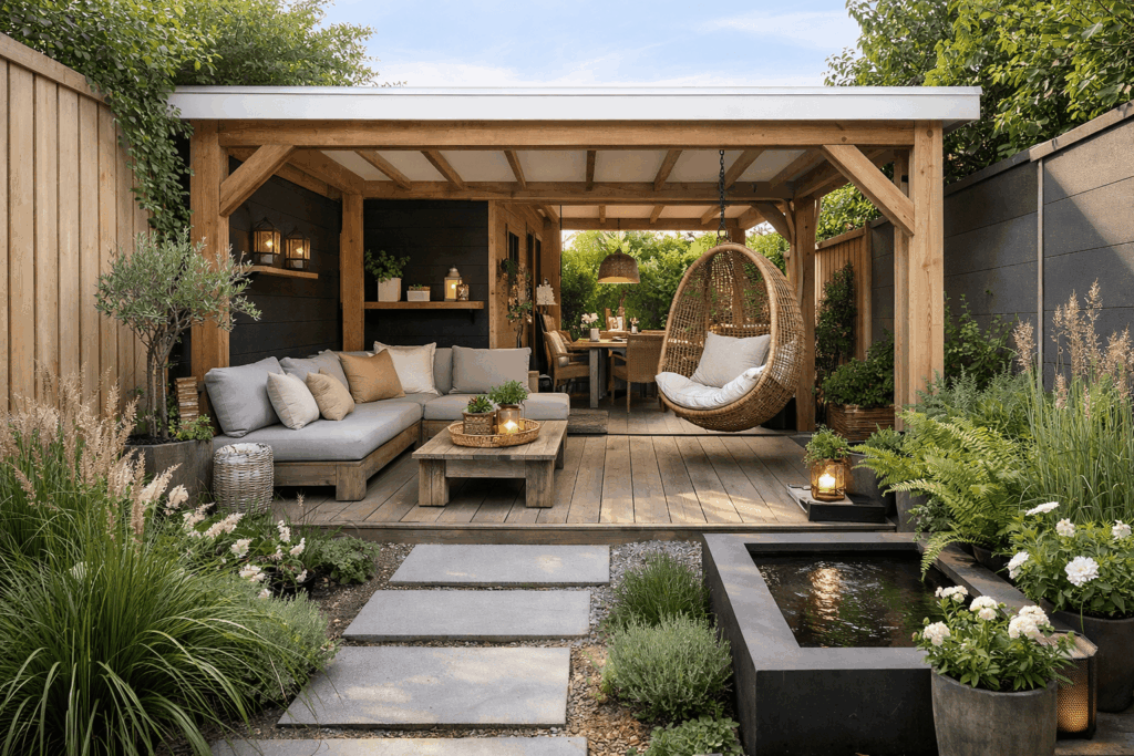 Past een veranda in een smalle tuin