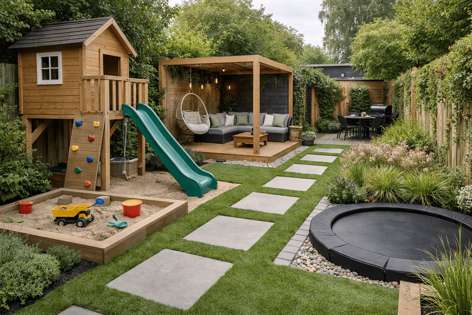 Een kindvriendelijke smalle tuin inrichten met slimme zones